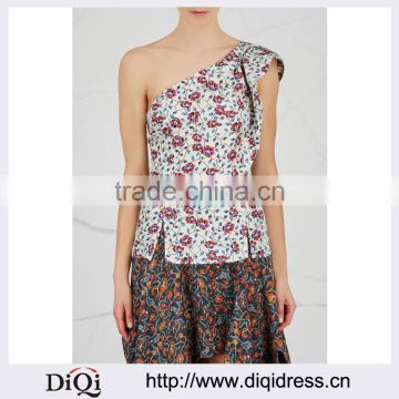 Wholesale Women Apparel Softly Ruffle One Shoulder Floral-print Silk Top(DQE0350T)