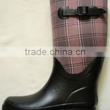Grid Patterned Fabric Upper Women Rubber Rain Boots