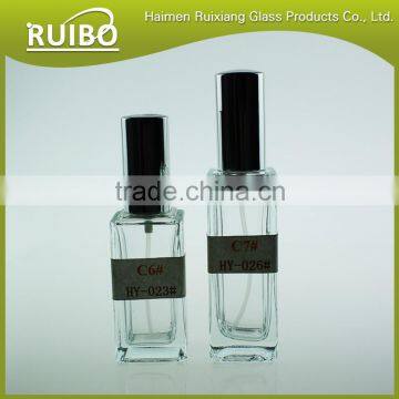 Hot sale 30ml 50ml square perfume glass bottles with pump sprayer and aluminum cap