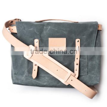 Custom Waxed Canvas Messengers Bag With Leather Strap For Men