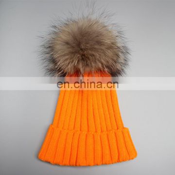 Fur pom pom raccoon animal fur knit hats girl bobble hats wholesale