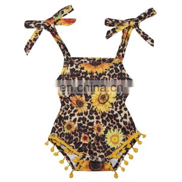 Girl Toddler Baby  pom pom gallus sunflower and leopard pattern Romper Clothes