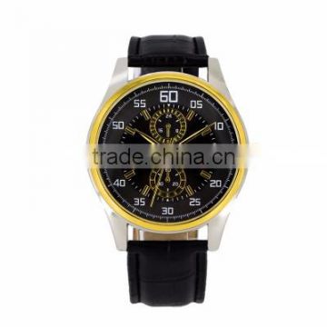 two eyes double date chronograph genuine leather wrist watch two tones plating case watches