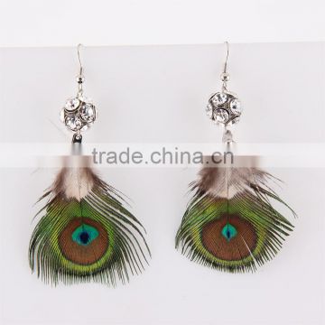 DIY handwork earrings,ethnic peacock feather pendant earring,full crystal ball eaarings