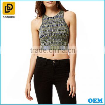 Yellow jacquard plain custom sexy stretch fit ladies racer crop top wholesale cheap