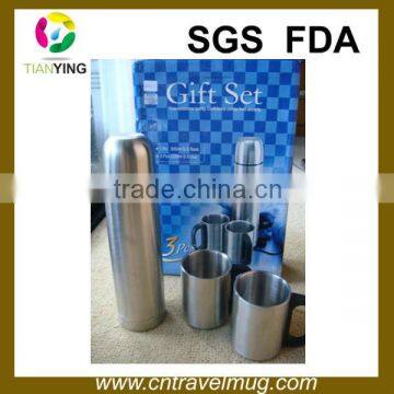 vacuum flask promotional gift set with two cups in gift box or leather bag