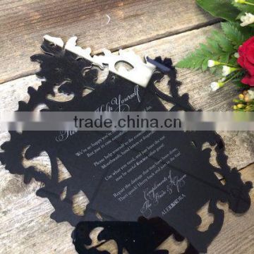 2016 hot sale laser cut black acrylic wedding invitations with white screen printing                        
                                                Quality Choice