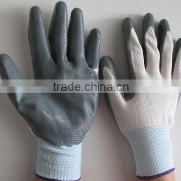 13guage factory hot sales white nylon grey nitrile working gloves