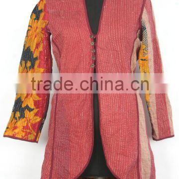 RTHCJ-5 Elegant Look Full sleeve Flower printed reversible long size kantha cotton Winter Jackets with buttons Jaipur