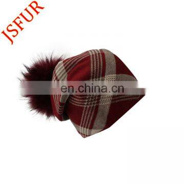 Elegant Shape Custom Beanie Wine Red Bobble Hat Women Fur Winter Hats