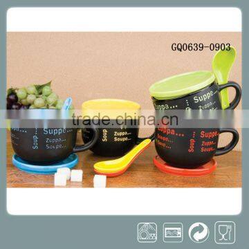 14oz stoneware soup mug with handle spoon and lid