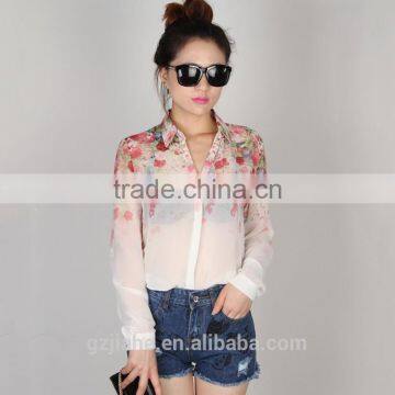 2015 New Fashion Women Chiffon Blouses Women Flower Print Lapel Casual Chiffon Long Sleeved Shirts Women Tops