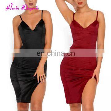 China alibaba wine red v neck silk ladies sex open cheap and beautiful dresses