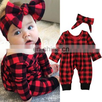 Fall Baby Girl Rompers Set Toddler Christmas Plaid Jumpsuit headband 2pcs Set Playsuit Long sleeve holiday Clothes Set