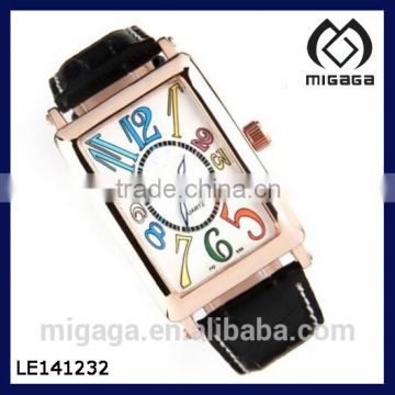 Luxury White Dail Black Leather Band Women Sport Gold Case Date Analog Watch Colorful numeral easy to read analog watch
