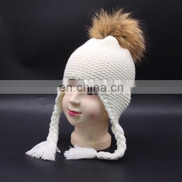 New Fashion Beanie Hats with Real Fur Pom Pom Kids Knit Hat With Ears