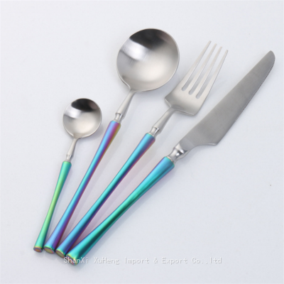 Set of 4 Pieces Matte Blue Silver Colored Stainless Steel Tableware Sets Small Waist Delicate Cutlery Knife Spoon Fork Set Dinnerware