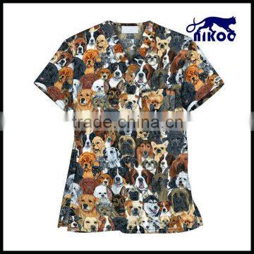 100% polyester Pet Black Print Unisex Scrub Top t shirt