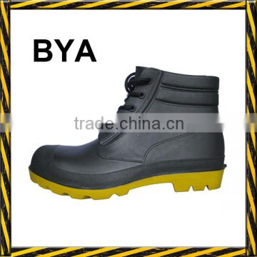 Black upper yellow sole laced light duty cheap custom logo made pvc rain boots