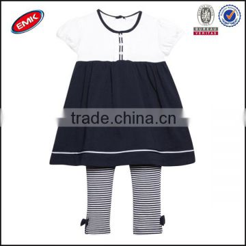 delicate kid girls clothing, navy ruffled tunic and striped leggings set