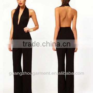 women lace patchworked halter open back black sexy jumpsuit