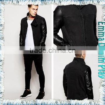 Manufactory Wholesales Black Denim Man Leather Sleeves Jackets