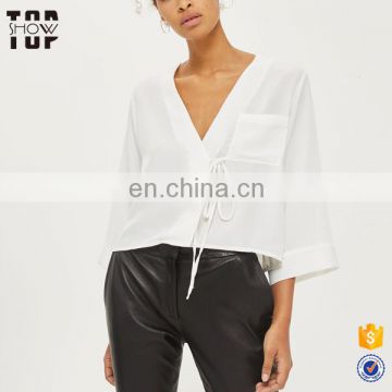 Manufacturer china drawstring front chest pocket white blouse women