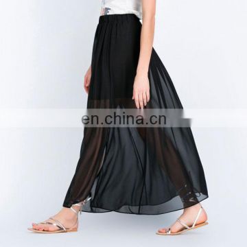 Summer causal long style black chiffon maxi skirts with short lining