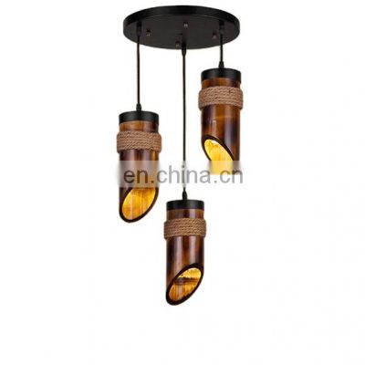Tonghua Three Heads Retro Chinese Bamboo Art Pendant Lighting with Hemp Rope Indoor Globe Edison Bulb Hanging Lamp