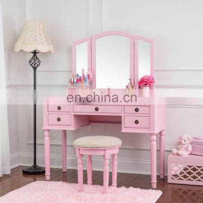 2021 New Design French Style Wooden Mirror Movable Pink Modern Dressing Table for girls