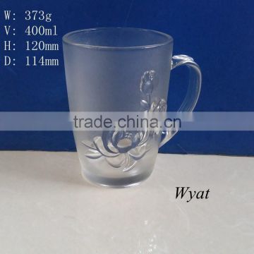2015 400ml rose embossment frosted glass cup with handle SLCc20