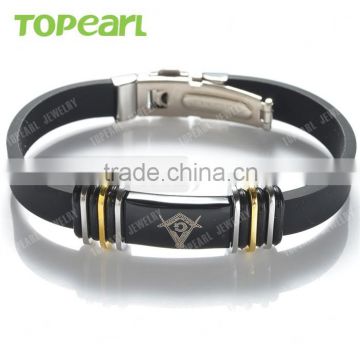 Topearl Jewelry Freemason Masonic Stainless Steel Black Rubber Men Bracelet MEB865