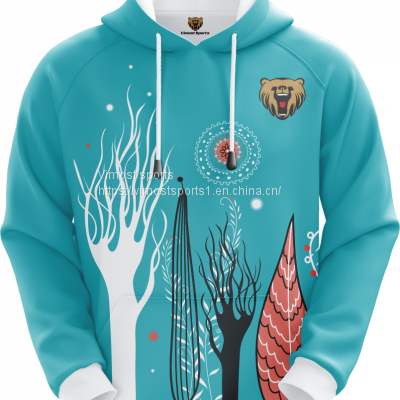 Customized Sublimation Hoodie of Blue and White Colors with Tree and Leaf Pattern