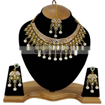 Green Gold Plated Indian Handmade Ethnic Party wear Kundan Zerconic Necklace set Color