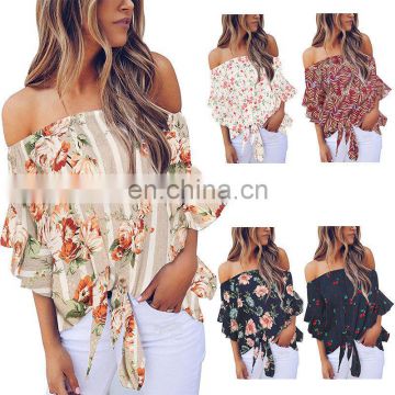 2020 summer buff sleeve nude shoulder blouse for ladies