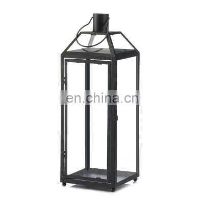 Small size black iron frame and slanted glass panels metal lantern candle lantern for home wedding decoration centerpiece