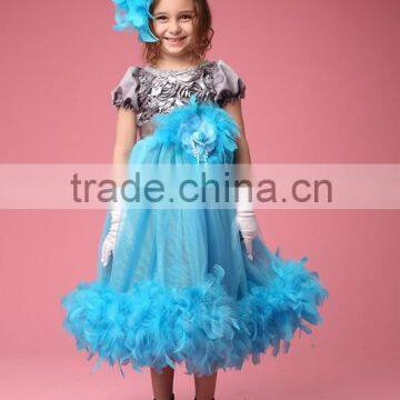 New design dress girls feather blue baby party dress fashion