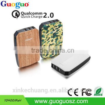 2016 Newest Product Private Label Guoguo Qualcomm Quick Charge 2.0 3USB Smart Power Bank 10400mah for Cellular
