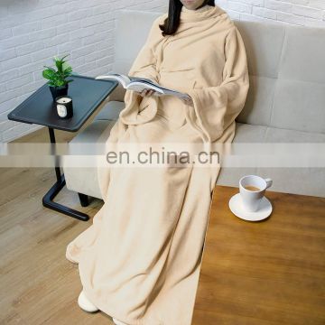 Super Soft Comfortable and Luxurious Cream Color Oversized Fleece Wearable Blanket with Sleeves for Adult