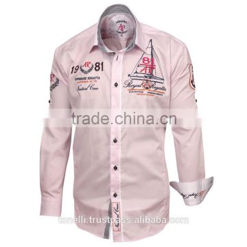 High quality beautiful light pink long sleeve embroidered slim fit satin shirts for men