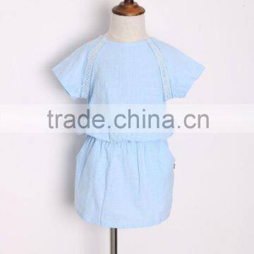 Sky blue color summer girls set unique button design dress high quality for children