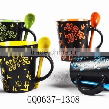 12oz ceramic hand paint mixer cups matt black and spoon for cheap sale
