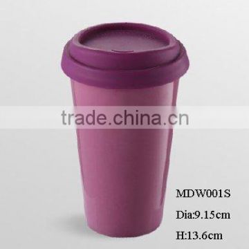Eco-friendly reusable double wall ceramic glossy 10OZ coffee mug w/ silicone lid