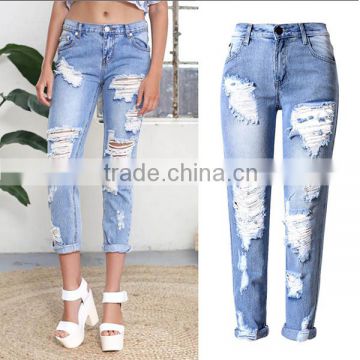 2016 Summer Fashion Women Baggy Ripped Denim Jean Ladies Middle Waist Stylish Distressed Damaged New Pattern Jeans Pants