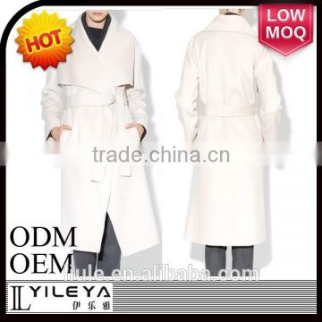fashionable ladies double breasted long winter white coat with waistband