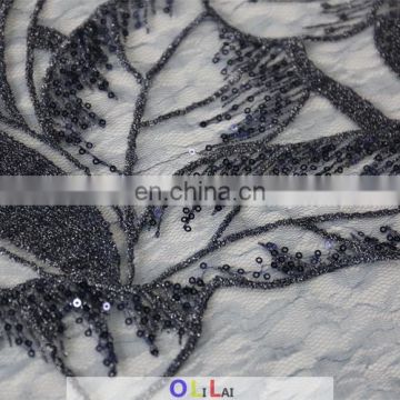 CRF0340 fashion pearls sequin black beaded lace fabric for ladies clothes