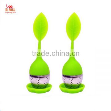 Fashion Beautiful Loose silicone Leaf Tea Infuser with Leaf Handle/Stainless Steel ball Bottom and Drip Tray