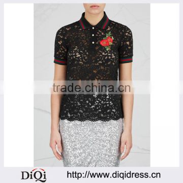 Wholesale Women Apparel Floral Embroidered Black Lace Polo Shirt(DQE0355T)