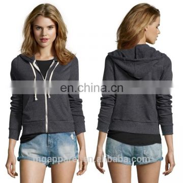 Wholesale plain hoodies grey cotton knit zipper drawstring woman hoodie