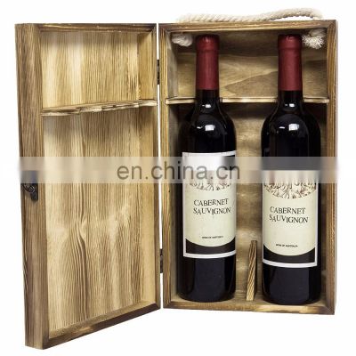 Dark Torched Wood Double Bottle Wine Case Top Handle wood wine box Brown